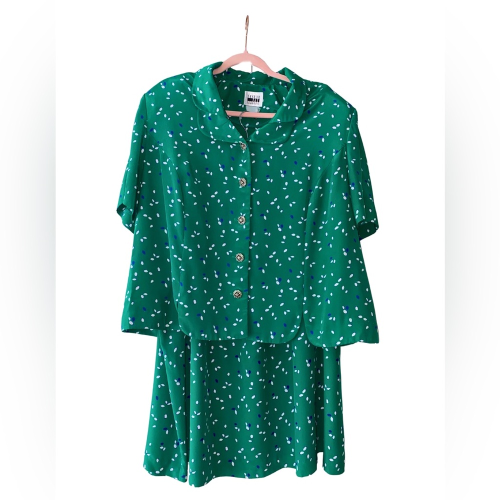 Vintage Leslie Faye 80s 2pc Set Kelly Green Royal Blue Blouse Skirt XL/XXL
